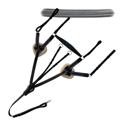 Five Point Padded Fur Horse Breast Plate & Running Attachment/ Navy Blue Elastic & White Lines.
