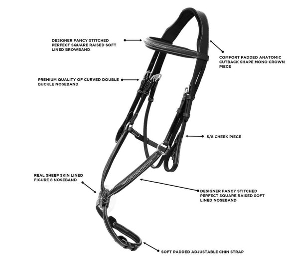 Fancy Stitched Square Raised Figure 8 Noseband Bridle & Rubber or Laced Reins
