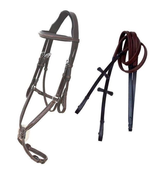 Fancy Stitched Square Raised Figure 8 Noseband Bridle & Rubber or Laced Reins